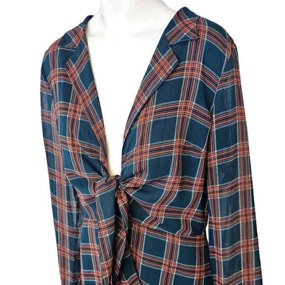 Wild Honey Womens Plaid Tie Front Mini Dress Size Medium Long Sleeve  Sheer - Picture 8 of 9